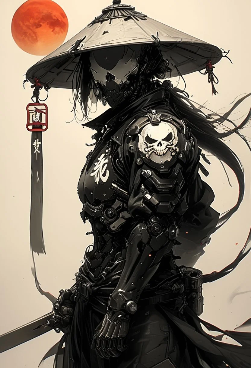 assassinkahb style, a black and white photo of an Cyborg Samurai assassin wearing a high collar motorcycle jacket with japanese writing on the back, fight stance, fists up, Split, solo, simple background, shoulders implementations of wires and nano Future Tech, Large sedge hat, 1boy, white background, jacket, monochrome, upper body, greyscale, male focus, long hair in wind, weapon, clothes writing, skull, skeleton, japanese flag, creating a Synthwave sunrise scene with bleaked dark colorful Neon and black details,