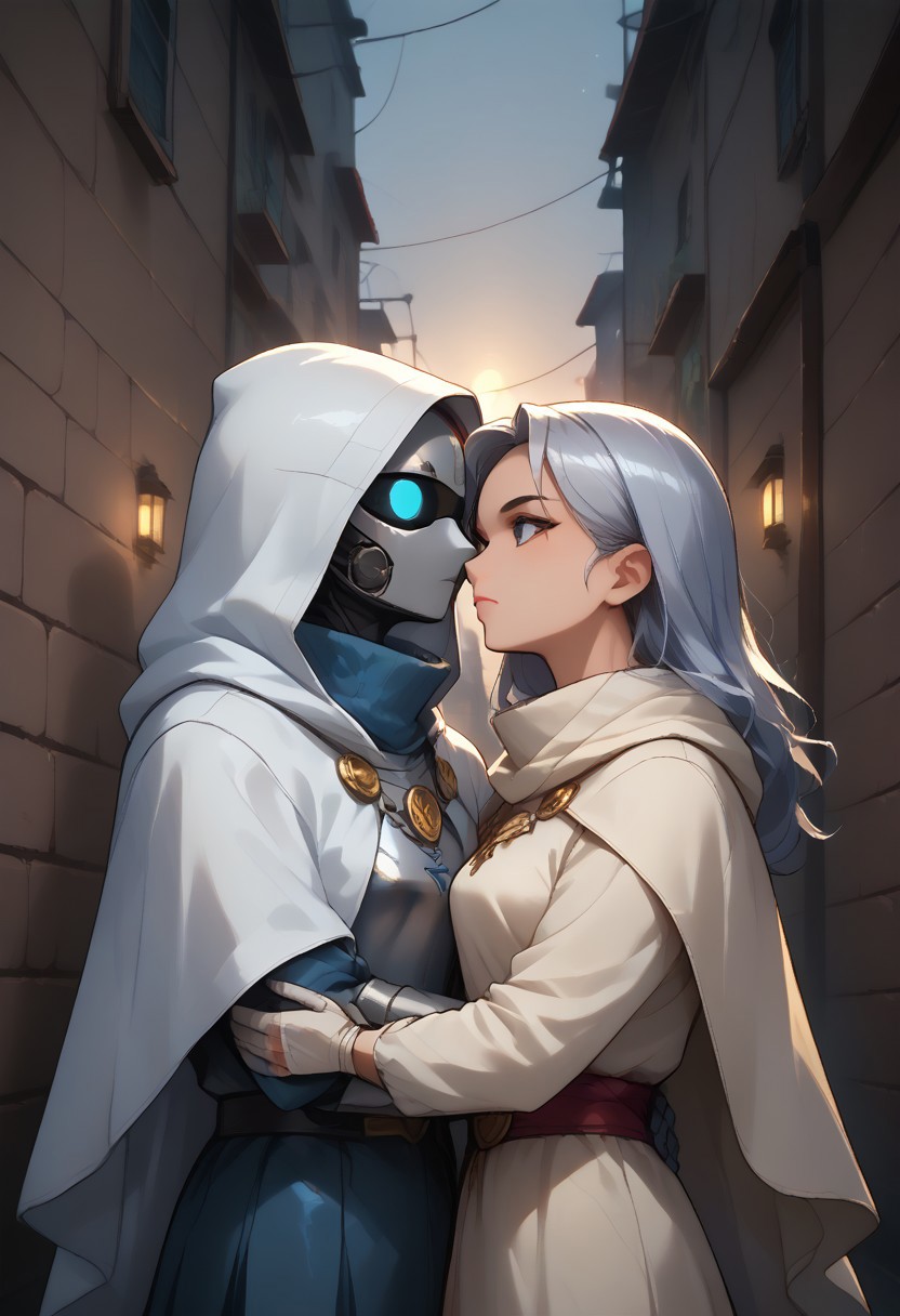hidden face, mysterious character draped in a tattered white cloak with a hood, standing upright, holding a sliver sword with one hand on the hilt and positioned in front of him, nobility and secrecy, with armor gear visible around the waist. background is dark snowy alley, enigmatic aura of the character. The style is ethereal and artistic, soft lighting and shadows, cinematic warm lighting, mystery, white cloak should have a soft texture, sword should have a shiny metallic sheen. <lora:mommyfy_V2:1>