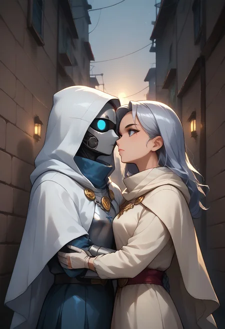 hidden face, mysterious character draped in a tattered white cloak with a hood, standing upright, holding a sliver sword with one hand on the hilt and positioned in front of him, nobility and secrecy, with armor gear visible around the waist. background is dark snowy alley, enigmatic aura of the character. The style is ethereal and artistic, soft lighting and shadows, cinematic warm lighting, mystery, white cloak should have a soft texture, sword should have a shiny metallic sheen. <lora:mommyfy_V2:1>