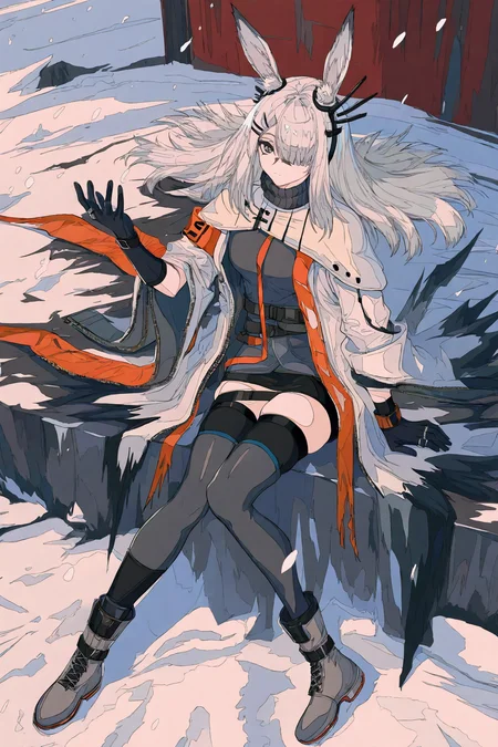 1girl, frostnova \(arknights\),
solo, animal ears, sitting, white hair, rabbit ears, hair over one eye, gloves, scar on face, thighhighs, grey eyes, scar on nose, black thighhighs, scar, black gloves, looking at viewer, open clothes, coat, shirt, outdoors, hair ornament, full body, white coat, closed mouth, hand up, grey footwear, open coat, snowing, originium \(arknights\), long sleeves, hairclip, boots, rabbit girl, skindentation, black shirt, ring hair ornament,
.
masterpiece, best quality, very aesthetic, absurdres
<lora:ç¦è¶forNoob:0.95>