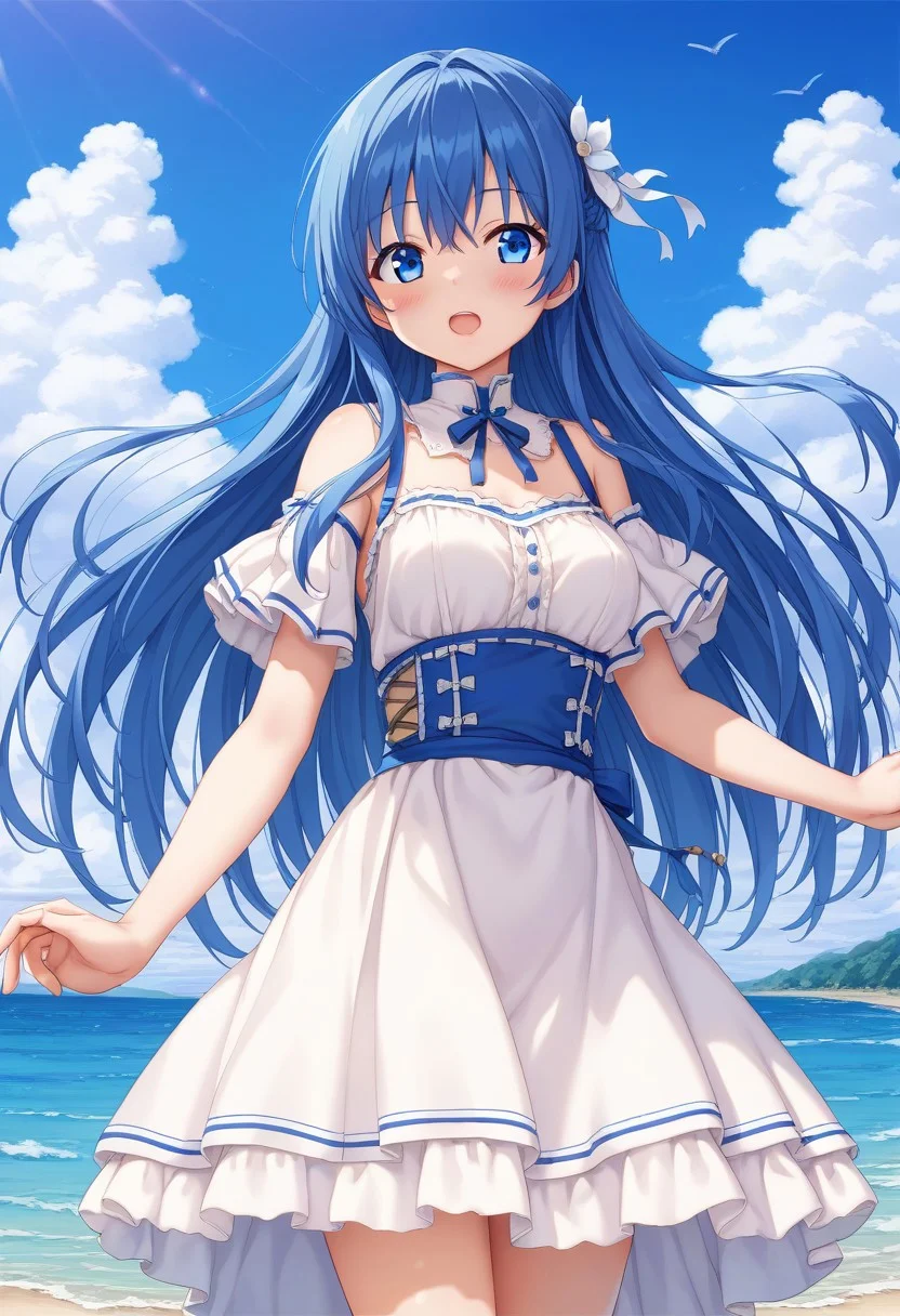 score 9, score 8 up, source anime, masterpiece, best quality, detailed eyes, detailed face, 1girl, cowboy shot, blush, open mouth, outdoors, sky,
lilinafeh, blue eyes, blue hair, long hair,