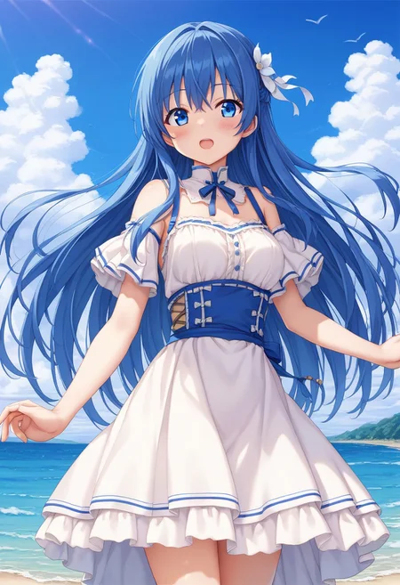 score 9, score 8 up, source anime, masterpiece, best quality, detailed eyes, detailed face, 1girl, cowboy shot, blush, open mouth, outdoors, sky,
lilinafeh, blue eyes, blue hair, long hair,