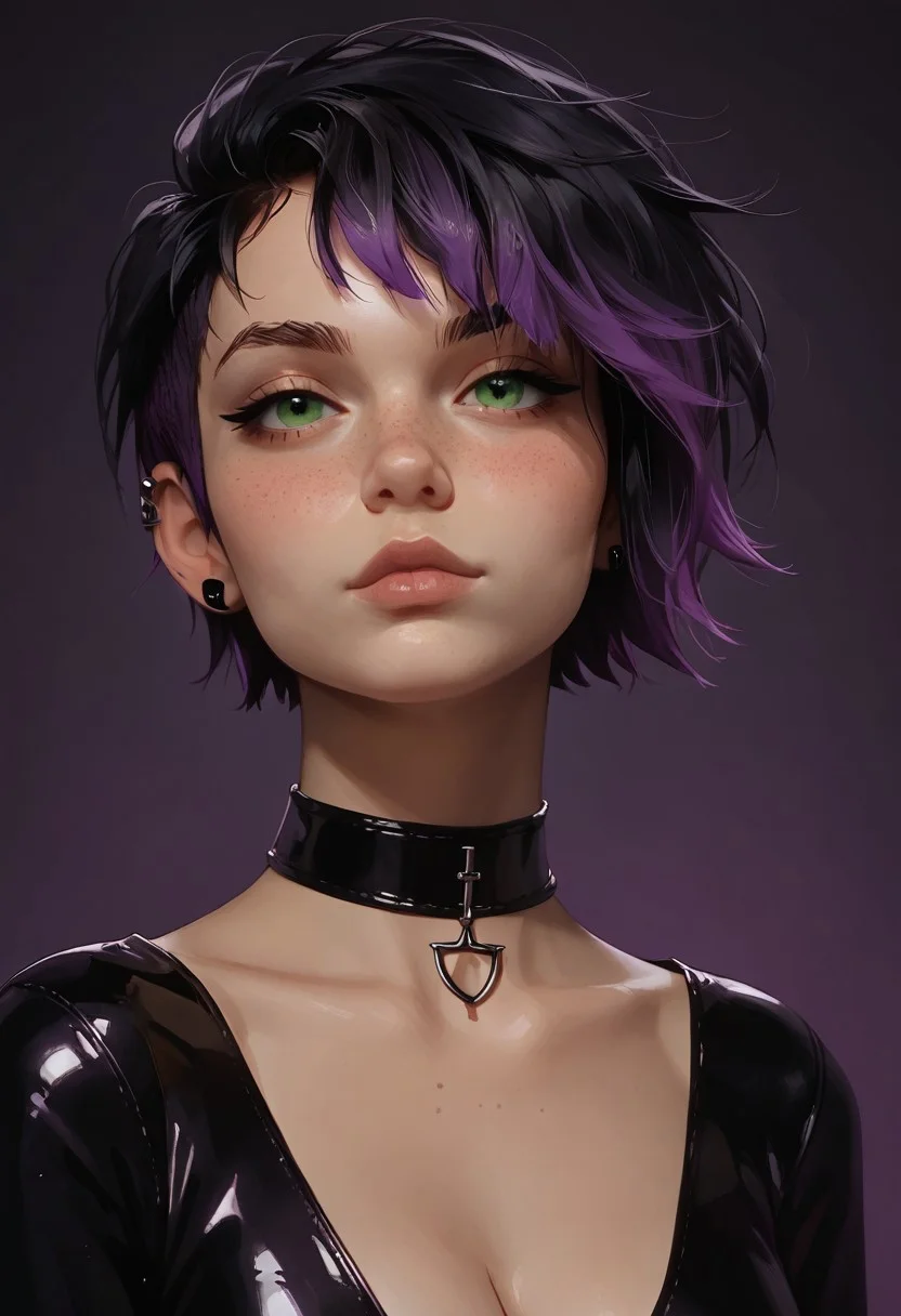 score_9,score_8_up, field,
score_9, score_8_up, score_7_up, 1girl, goth,
1girl, (sexy 18 year old tomboy, perfect body, fair skin, cute face, freckles, dimples, green eyes, medium breasts, long legs, choker, firm butt, round ass, black hair, two-tone hair, purple IncursioDipDyedHair, pixie cut purple hair),
slender body, big rounded breasts. wearing headphones, cleavage bodycon dress, close up, headshot, latex dress,