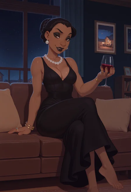 masterpiece, best quality, absurdres, highres, high quality, highly detailed,
1girl, solo, nanip, black hair, braided bun, brown eyes, thick lips, smirk, (looking at viewer), narrowed eyes, black lips, black eyeshadow, earrings,
black fancy dress, black long skirt, pearl necklace, cleavage, bangle, ring, jewelry, barefoot,
crossed legs, holding wine glass,
living room, indoors, on sofa, furniture, painting \(object\), bookshelf, window, window curtains, night, night sky, star \(sky\),
no lineart, pixelsketcher, <lora:incase_new_style_red_ill:0.6>, <lora:bonifasko_ill:0.4>, <lora:NaniPelekaiIllustrious1.0JLFO:0.6>