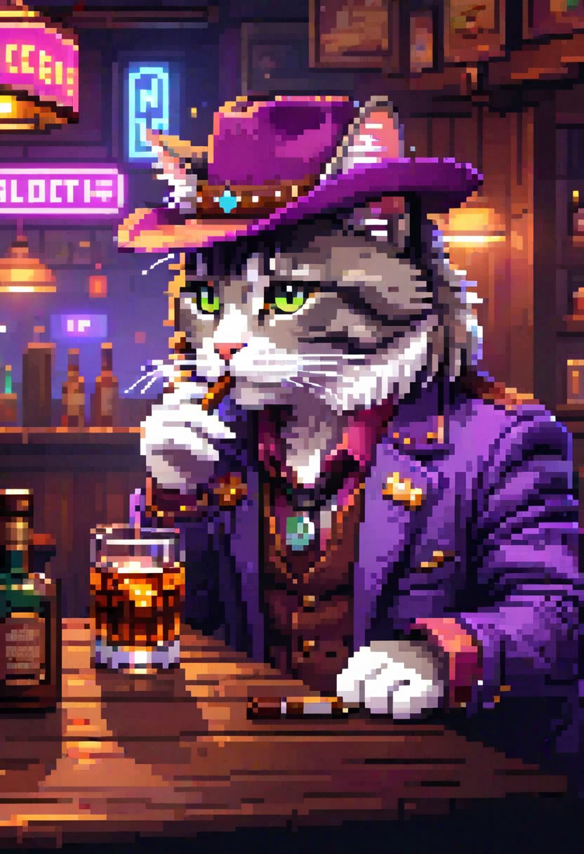 pixel-art, modeltrue, best quality, 4k, hd, a cat in a bar looking nostalgic smoking a cigar and drinking alcohol, low light, ray tracing, smoke, purple_(theme), white neon lights, melancholic, wide angle, cowboy shot.