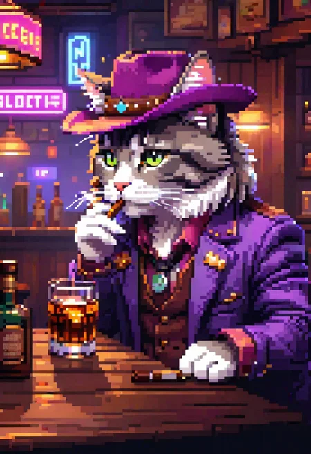 pixel-art, modeltrue, best quality, 4k, hd, a cat in a bar looking nostalgic smoking a cigar and drinking alcohol, low light, ray tracing, smoke, purple_(theme), white neon lights, melancholic, wide angle, cowboy shot.