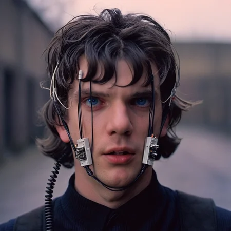 cinematic film still of <lora:perfection style:0.5> <lora:detailed:0.5> perfection detailed
<lora:Clockwork Orange film style:0.9>
In a futuristic dystopian Britain a man with an experimental wire device with wires on it,solo,open mouth,blue eyes,black hair,1boy,male focus,earrings,teeth,portrait,realistic , cinematic, film, kodak, Clockwork Orange film style, shallow depth of field, vignette, highly detailed, high budget, bokeh, cinemascope, moody, epic, gorgeous, film grain, grainy