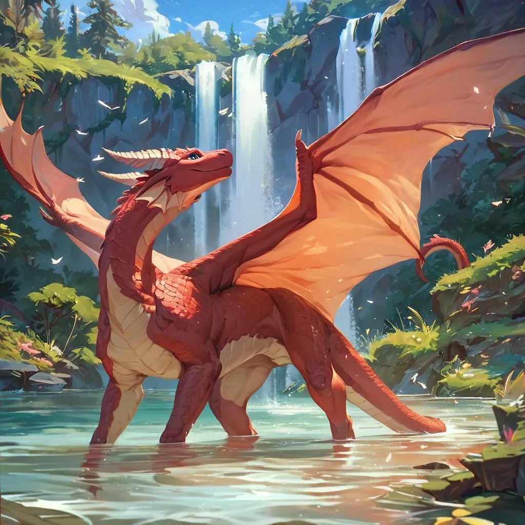 (score_9:1.2), (score_8_up:1.1), score_7_up, score_6_up, red dragon taking a bath in a forest lake, side view, wings, tail, detailed scales, nature, submerged, water <lora:ponydragon-xl-v1:0.9>, beautiful, peaceful, feral