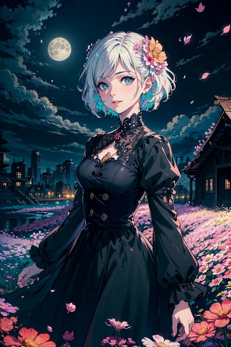 masterpiece, best quality,
1girl, (colorful),(finely detailed beautiful eyes and detailed face),cinematic lighting,bust shot,extremely detailed CG unity 8k wallpaper,white hair,solo,smile,intricate skirt,((flying petal)),(Flowery meadow)
sky, cloudy_sky, building, moonlight, moon, night, (dark theme:1.3), light, fantasy,