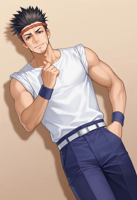 score_9, score_8_up, score_7_up, score_6_up, perfect anatomy, perfect proportions, best quality, masterpiece, high_resolution, high quality, best aesthetic, incredibly absurdres, highres, extremely detailed, huge filesize, solo male, adult, mature male, dilf, middle age, masculine, manly, handsome, charming, alluring, standing, upper body, dutch angle, cowboy shot, perfect face, source_game \SaGa Frontier\), official style \(SaGa Frontier\), Gen \(SaGa Frontier\), SGFGen, black eyes, black hair, short hair, facial hair, stubble,SGFGen_outfit01, headband, hachimak \(headband\), twisted hachimaki \(headband\),Japanese workwear, white shirt, sleeves rolled up to shoulders, sleeveless, Japanese workwear pants, blue pants, white belt, wristband, wrist wrap, geta footwear