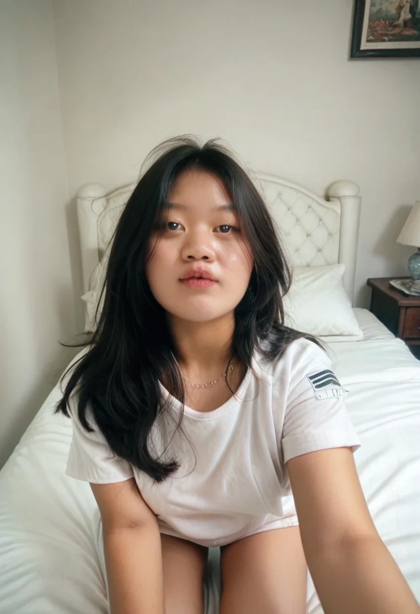 shera, score_9, score_8_up, score_8, highres, 1girl, Masterpiece, 32k, asian, very detailed, beautiful hair, kneeling on a bed, detailed luxurious bedroom, oversized baggy white t-shirt,, looking up at viewer, photo from above, POV, 