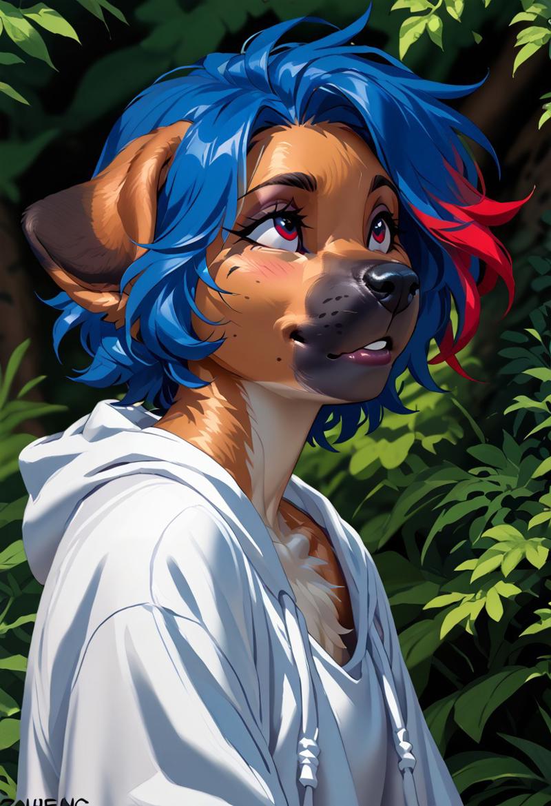 score_9, score_8_up, score_7_up, (by kittydee:1.5), (by jailbird:1.5), (by zummeng:1.5), masterpiece, best quality, 
(Furry Art: Anthro: black mouth cur:1.5), 1girl, expressive eyes, feminine eyes, perfect face, feminine face, cur, dog, canine, floppy ears, black snout fur, brown fur, (multicolored hair), (blue hair with red highlights:1.5), halter top shirt,