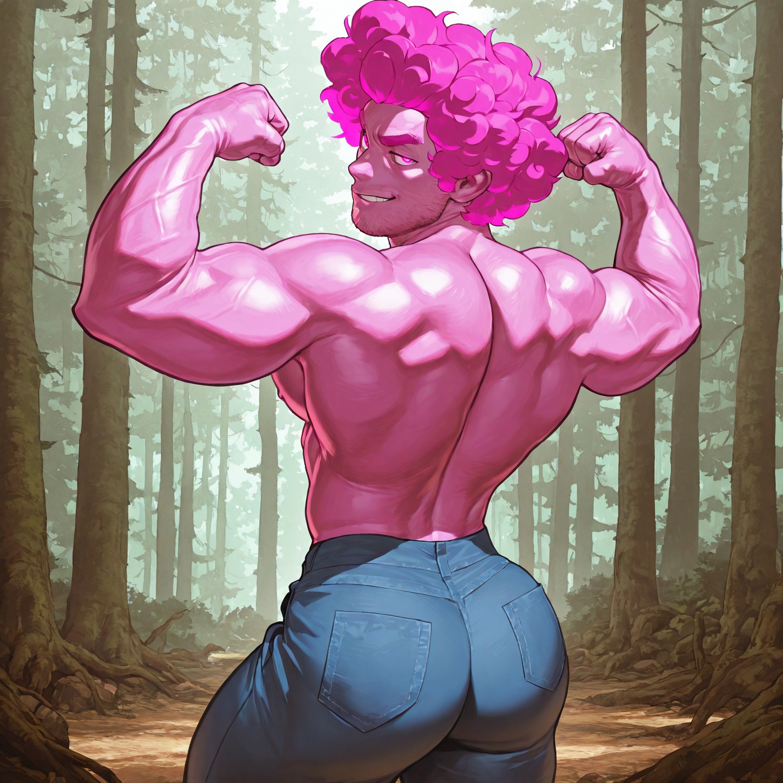 masterpiece, best quality, absurdres, newest, perfect quality, best quality, absolutely eye-catching, detailed background, intricate details, bara, 1boy, male, male focus, solo, pink skin, pink hair, fluffy hair, curly hair, forehead, pink eyes, stubble, blue pants bara, muscular, large pectorals, large biceps, upper body, cowboy shot, looking at viewer, from the back, back muscles, smirk, flexing arms, forest scenery, very awa, best quality, absurdres, newest, perfect quality, detailed background, intricate details, (artist:rokudenashi:0.8), (artist:dizdoodz:0.7), (artist:gomtang:0.6)