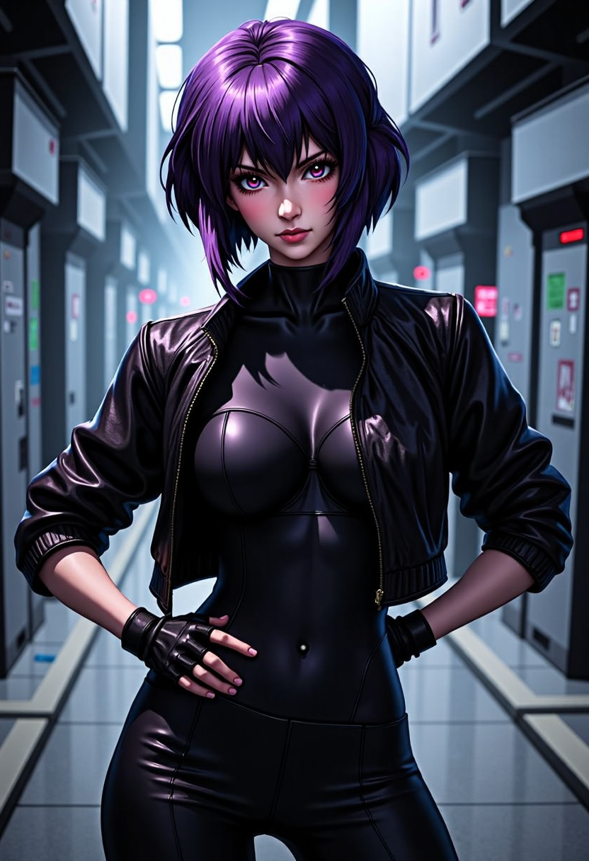 <lora:FLUX\Flux People 01042025\Motoko Kusanagi.safetensors:1.0>,  1girl, (masterpiece:1.3), (high resolution), (8K), (extremely detailed), (4k), (pixiv), perfect face, nice eyes and face, (best quality), (super detailed), detailed face and eyes, (solo), textured skin, absurdres, highres, motoko2045wz, black jacket, black leotard, fingerless gloves, pants, purple eyes, purple hair, short hair, lips, standing, cowboy shot, cityscape, looking at viewer, light light smile, cyberpunk, science fiction,