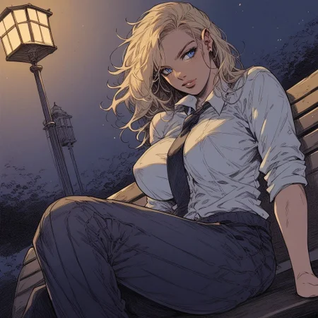 score_9, score_8_up, score_7_up, score_6_up, score_5_up, score_4_up, rating_explicit, source_western, Ellie Buckingham, ((Bright Blond hair)), Blond Hair, Blond Bright blue eyes. Very large breasts, torpedo breasts, humongous breasts Western Style Artwork. Bold Lines,
1 girl, sitting outside, on bench, street bench, night time, street lamp post, street lamp shining down, black pleated pants, ((white)) business shirt, tie, , looking away
flat color, dark theme
sinozick style
dutch angle
1dk