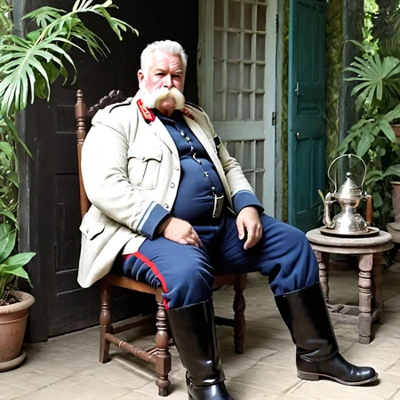 full body, huge bushy white mustache, bara, late 19th century British Empire army officer in uniform sitting on verandah, burly, obese, muscular, barrel chested, white hair, hookah, BREAK red jacket, BREAK white pith helmet BREAK dark blue long trousers BREAK, white gloves BREAK black boots, tropical jungle, antique chairs, colonial style, detailed background, film lighting, film grain, shadows, OverallDetail, <lora:Walrus_Mustaches:1.2>