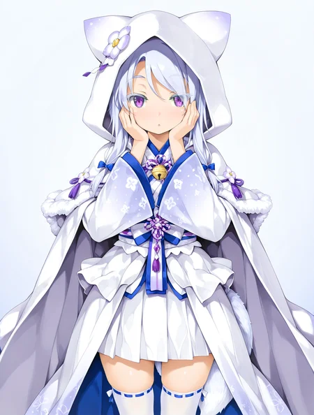 masterpiece,best quality,very aesthetic,absurdres,(ishikei:0.8),tosh \(imonade ryouchou\),(happoubi jin:0.7),
1girl,solo,<lora:Uranami_AZ_illuV01_b6g1:1>,purple eyes,white hair,swept bangs,sidelocks,blue bow on sidelocks,white eyelashes,white flower ornament,japanese clothes,blue lapels,white fur trim cape,purple striped ribbon,purple tassel,white fox ear hood,neck bell,long gradient sleeves,wide sleeves,layered sleeves,sleeves past fingers,white gradient overcoat,layered overcoat,floral print,blue-trimmed white sash,white obi,white pleated skirt,white frilled overskirt,white fox tail,white ribbon trim thighhighs,
standing,hands on own face,