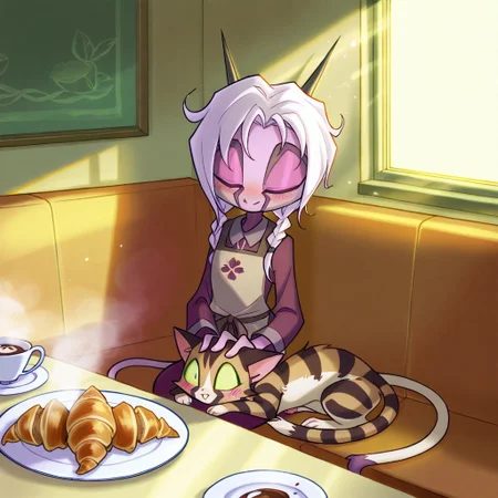 score_9, score_8_up, score_7_up,namah_calah,
1girl,solo,furry,tail, source_furry,horns,
,<lora:namah_calah_illustrious:0.8>,
child, kid,
sips hot cocoa while a tabby cat naps on her lap. A half-eaten croissant sits on a floral plate, and sunlight streams through café windows, cafe, cat, hot_chocolate, croissant, plate, sunlight, lap, blush, floral_print, window_seat, steam, apron, braided_hair