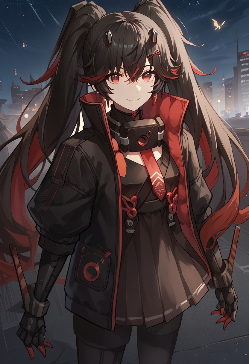 zPDXL3, score_9_up, score_8_up, score_7_up, (Anime_source), 1girl, Plume, red eyes, multicolored hair, red hair, black hair, long hair, twintails, Plume clothes, neck gear, mechanical arm, cowboy shot, standing, (cyber city, night sky), floating hair, dutch angle, smile, looking at viewer, from above