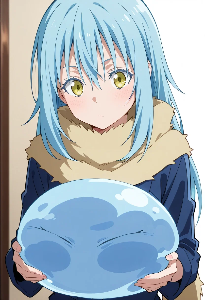 masterpiece, best quality, <lora:rimuru_tempest_ilxl:0.94>, rimuru_tempest, holding, slime \(creature\)