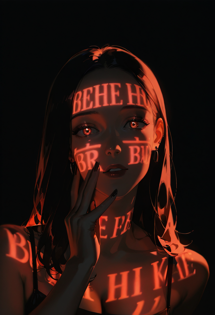 projection lighting, text, 1girl,black background,