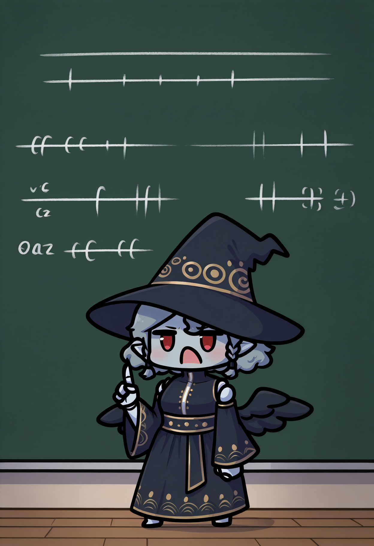 masterpiece, best quality, newest, absurdres, highres, 1girl, standing, shouting, index finger raised, phdpigeon, (chibi:1.1), full body, <lora:AgratSMT-illu:1> agrat, grey hair, short hair, curly hair, twin braids, witch hat, black headwear, grey skin, red eyes, pointy ears, black dress, sleeveless turtleneck, clothing cutout, detached sleeves, black wings, wide sleeves, long dress, doll joints, chalkboard, math
