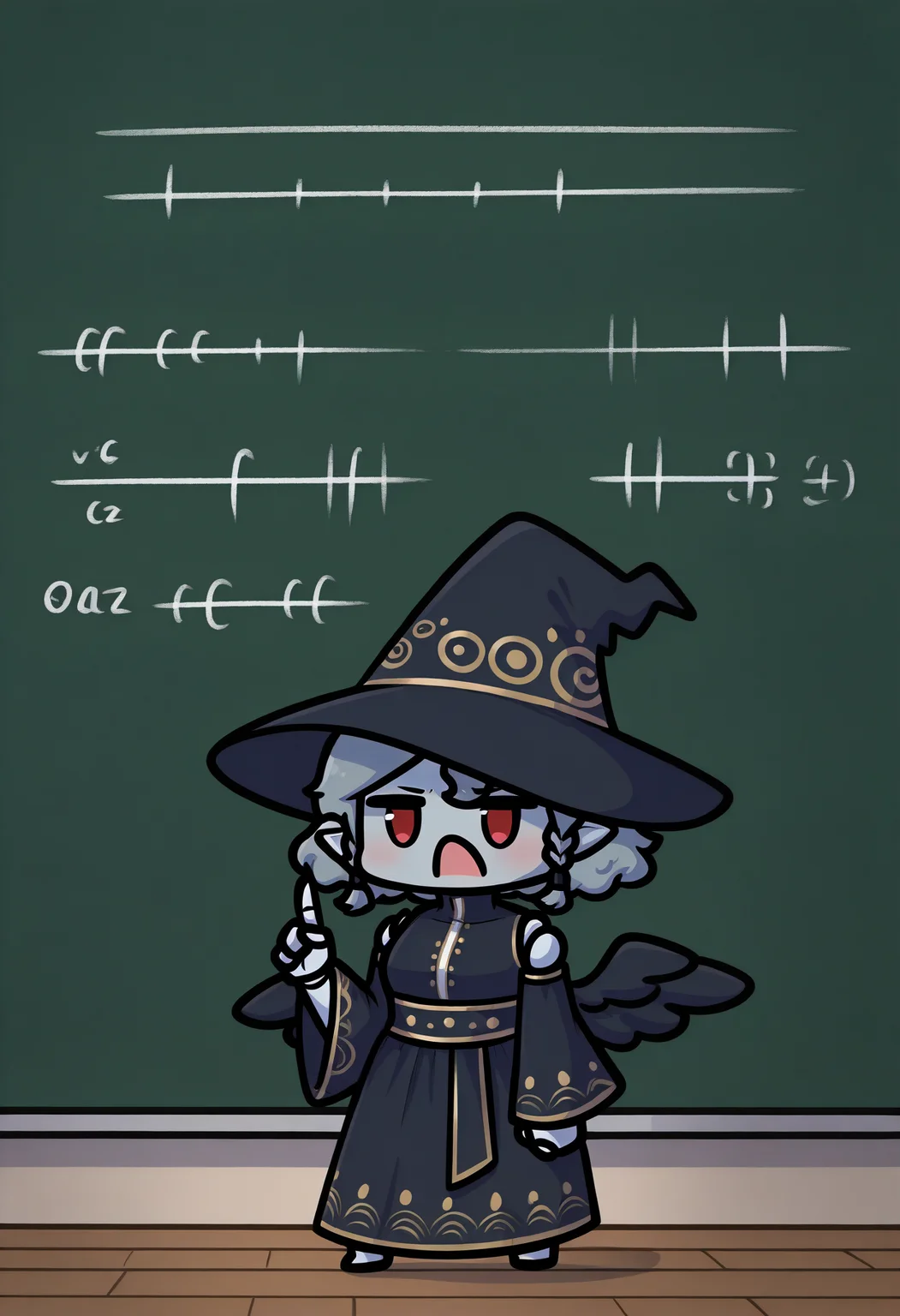 masterpiece, best quality, newest, absurdres, highres, 1girl, standing, shouting, index finger raised, phdpigeon, (chibi:1.1), full body, <lora:AgratSMT-illu:1> agrat, grey hair, short hair, curly hair, twin braids, witch hat, black headwear, grey skin, red eyes, pointy ears, black dress, sleeveless turtleneck, clothing cutout, detached sleeves, black wings, wide sleeves, long dress, doll joints, chalkboard, math