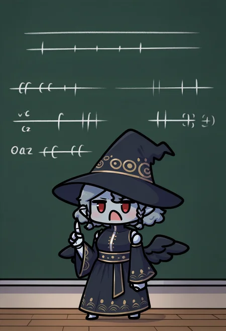 masterpiece, best quality, newest, absurdres, highres, 1girl, standing, shouting, index finger raised, phdpigeon, (chibi:1.1), full body, <lora:AgratSMT-illu:1> agrat, grey hair, short hair, curly hair, twin braids, witch hat, black headwear, grey skin, red eyes, pointy ears, black dress, sleeveless turtleneck, clothing cutout, detached sleeves, black wings, wide sleeves, long dress, doll joints, chalkboard, math