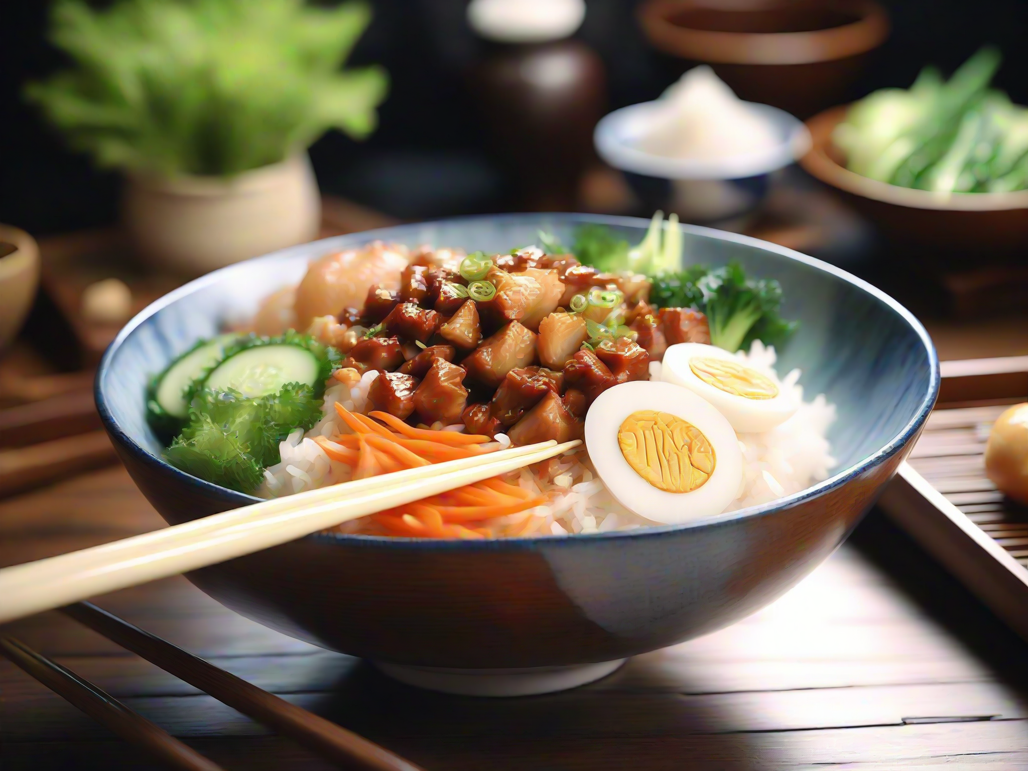 raw photo,A high-resolution, hyper-realistic image of a bowl of delicious Robabon, a popular dish in Asian cuisine. The Robabon is cooked to perfection, with a sticky and thick texture. It's topped with a variety of colorful vegetables and meat, creating a vibrant and appetizing display. The bowl is placed on a rustic wooden table, with a pair of chopsticks resting on the side. The scene is set in a homey kitchen environment, with all elements in sharp focus, creating a clear and detailed image. The lighting should be natural and soft, highlighting the appetizing qualities of the Robabon and the cozy atmosphere of the setting,  <lora:robabon:0.7>,robabon