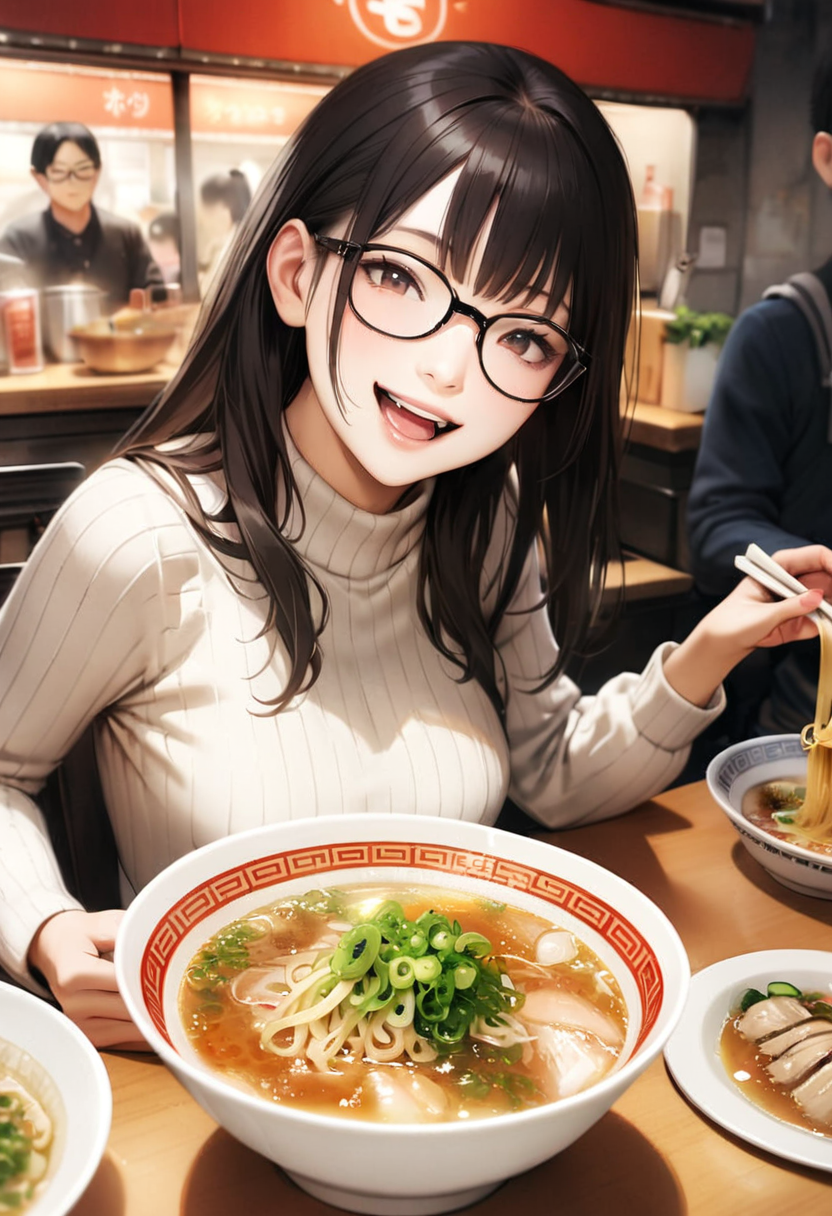 masterpiece, best quality, very aesthetic, absurdres,
1girl, solo, glasses, black hair, long hair, white ribbed sweater, happy, smile, looking at viewer, open mouth, solo focus, sitting, across table, 
moccos_ramen, noodles, food, food focus, bowl, realistic, ramen, still life, spring onion, blurry, soup, close-up, table
 <lora:moccos_ramen_JAPAN_storefront_SDXL_V2:0.8>