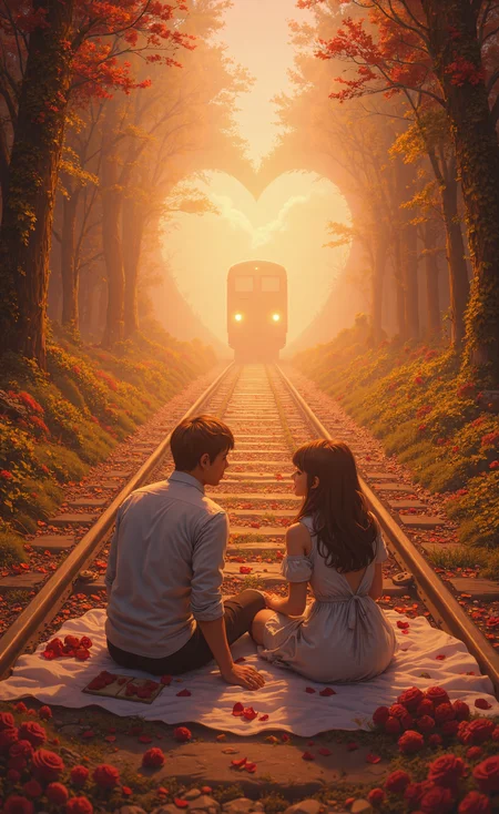 A stunning digital painting of a couple enjoying a peaceful picnic on train tracks, completely lost in their love as a high-speed train emerges from a glowing heart-shaped tunnel in the distance. The golden hour bathes the entire scene in a warm, magical light, reflecting off the metallic rails. The lovers sit on a soft picnic blanket, surrounded by scattered rose petals, their hands intertwined as if time has stopped for them. The wind from the speeding train lifts their hair and the edges of the picnic cloth. The atmosphere is dreamy and surreal, painted in a blend of Studio Ghibli’s whimsy and ArtStation-level realism. Highly detailed, fantasy vivid colors, cinematic motion, soft golden lighting, atmospheric perspective, (dreamlike:1.3), (intricate details:1.2), (romanticism:1.3), (artstation:1.4), (masterpiece:1.4).  
