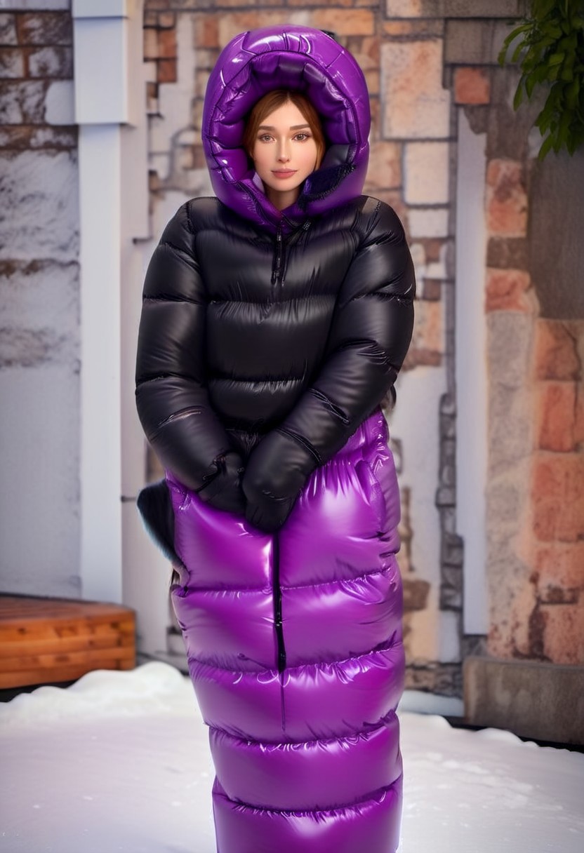 full body shot of one front cute, sweet woman, [person:0.75], radiating elegance and beauty. She is dressed in a purple ((hooded up ankle length very strait puffer closed downcoat)).  hood fully closed, puffy down boots , puffy down gloves, puffy downvest, closed flap of the hood, collar hide the mouth, ((High Yoked)). The lighting is mid, highlighting her features . Cinematic lighting, very cold, high resolution, winter fashion, realistic shading, , artstation, masterpiece. hd and high detailed clothing. down clothes by parkasite. sweetest, cutest.  (bokeh) <lora:Parkasite_v10:1.0> <lora:Segufix_V1_1:0.9>