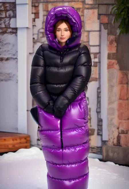 full body shot of one front cute, sweet woman, [person:0.75], radiating elegance and beauty. She is dressed in a purple ((hooded up ankle length very strait puffer closed downcoat)).  hood fully closed, puffy down boots , puffy down gloves, puffy downvest, closed flap of the hood, collar hide the mouth, ((High Yoked)). The lighting is mid, highlighting her features . Cinematic lighting, very cold, high resolution, winter fashion, realistic shading, , artstation, masterpiece. hd and high detailed clothing. down clothes by parkasite. sweetest, cutest.  (bokeh) <lora:Parkasite_v10:1.0> <lora:Segufix_V1_1:0.9>