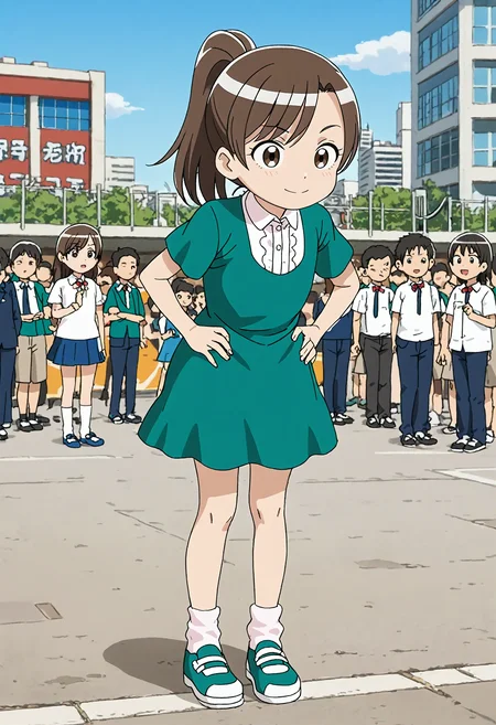 <lora:Hyper-SDXL-8steps-lora:1> <lora:Fixhands_anime_bdsqlsz_V1:1> zPDXL2, score_9, score_8_up, score_7_up, source_anime, intricate details, perfect anatomy BREAK
outdoors, city, tokyo, japan, audience, crowd, standing, hands on own hips, leaning forward, Teasing, A playful smirk, a raised eyebrow, and a hint of dominance., 1girl, solo, solo focus, 
<lora:MAR-minatomo_madoka_XL(pony)v10:1> MAR-madoka, brown hair, ponytail, brown eyes, MAR-madoka outfit, green dress, white socks, green shoes,