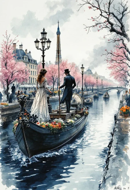 seine river barque, victorian aesthetic, jean baptiste monge, graphite pencil drawing, illustration, watercolor, romantic impressionism, springtime, ultra-sharp, colorful, intricate details, hyper-detailing, chiaroscuro lighting