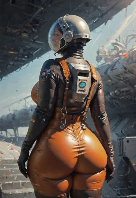 score_9, score_8_up, score_7_up, redshift style mdjrny-v4 style Generate a hyper-realistic dystopian, image of a chubby woman (from behind), in the year 2100, sexy skintight high tech spacesuit and helmet, living on Mars, showcasing advanced technology and futuristic architecture. The man should be depicted as innovative and pioneering, snakk colony, spaceships in background, hoop earrings, suspenders, wide hips, thick thigs, helmet