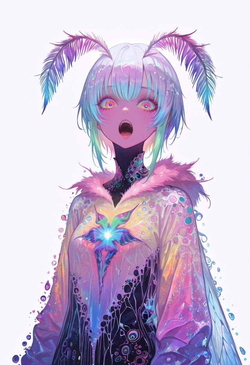 masterpiece, best quality, highly detailed, score_9, score_8_up, score_7_up, score_6_up, 1girl, solo, an extremely hyper-realistic super textural psychedelic entity/creature, trippy, weird, surreal, fractals, multidimensional geometric shapes, eyes, human teeth, lots of light, bright pastel colors, luminous, glowing, extremely textural, white, translucent, , silver, pastel rainbow oil slick sheen effect, moth antennae, melty drippy, extreme organic and metallic textures