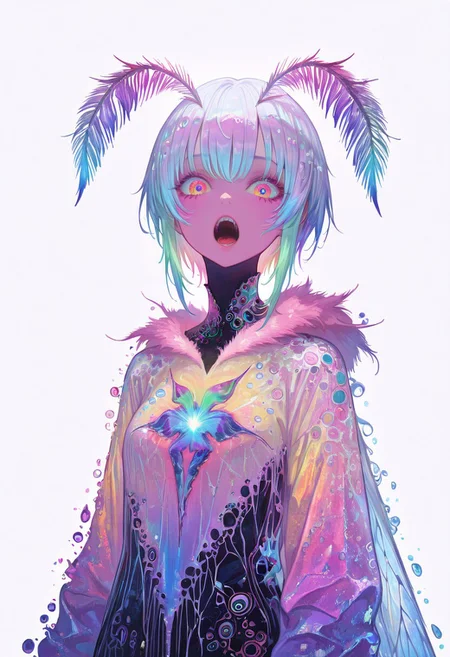 masterpiece, best quality, highly detailed, score_9, score_8_up, score_7_up, score_6_up, 1girl, solo, an extremely hyper-realistic super textural psychedelic entity/creature, trippy, weird, surreal, fractals, multidimensional geometric shapes, eyes, human teeth, lots of light, bright pastel colors, luminous, glowing, extremely textural, white, translucent, , silver, pastel rainbow oil slick sheen effect, moth antennae, melty drippy, extreme organic and metallic textures