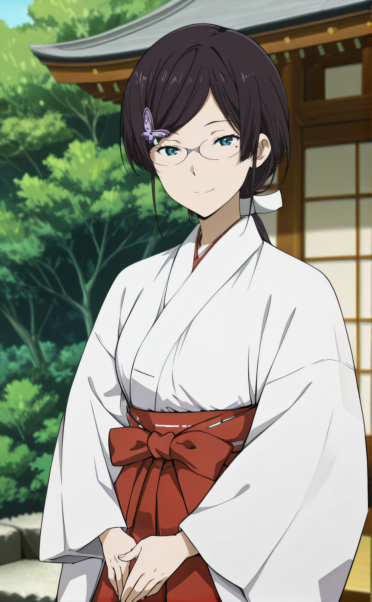 masterpiece, best quality, highres, newest, 1girl, solo, official style, anime screencap, <lora:IL_Juumonji_Kaho_v2:1>, miko kaho, black hair, blue eyes, butterfly ornament, parted bangs, sidelocks, low ponytail, glasses, mole under eye, miko, red hakama, outdoor, shrine, expressionless, smile, cowboy shot, nature, hands together, scenery