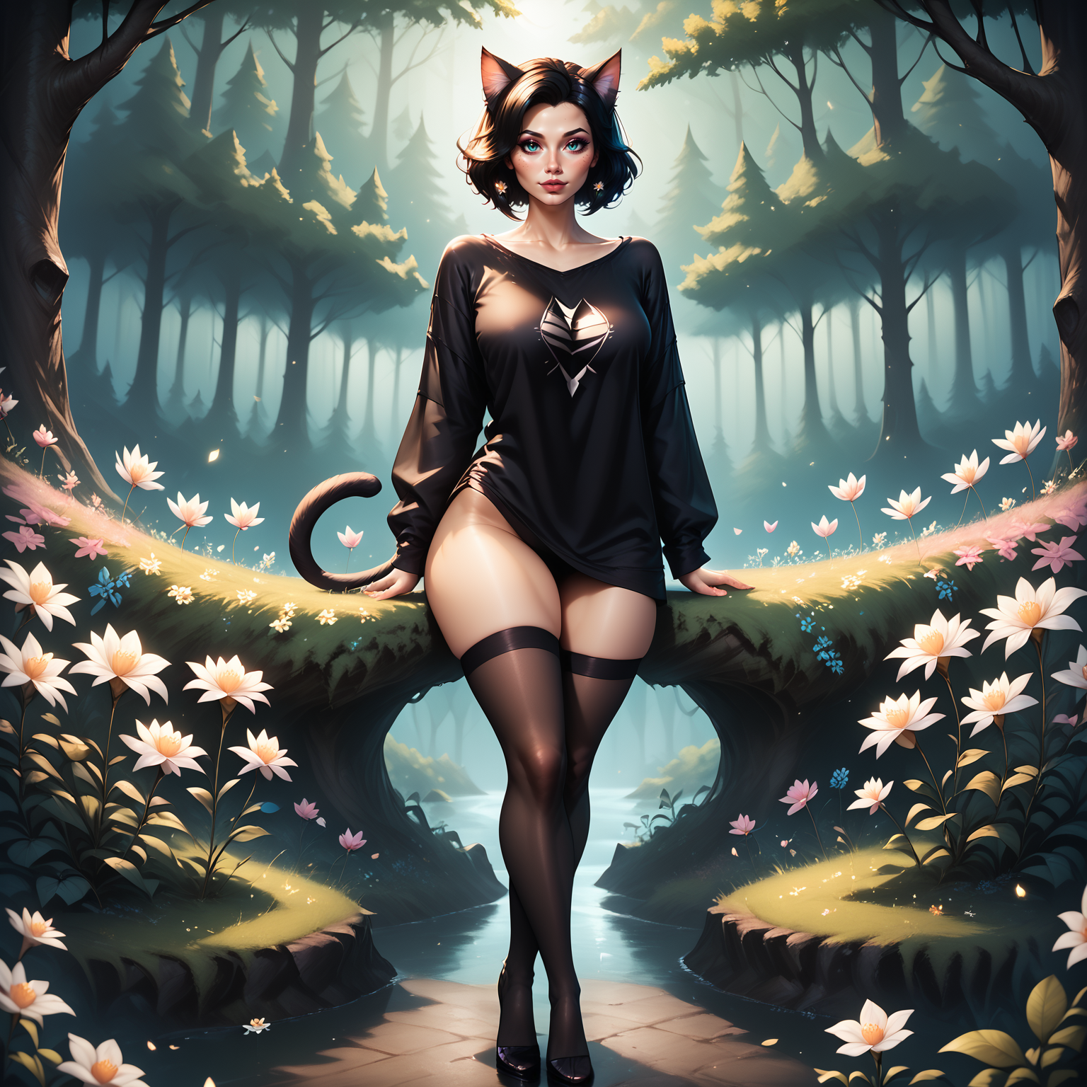 score_9, score_8_up, score_7_up, score_6_up, score_5_up, score_4_up, fairytale forest, ambient lightning, Jed-Fanfopo, flowers of all kinds, magical atmosphere, Fantasy,  ,, masterpiece, full of details, sharp , , crossed legs,  1 girl,catgirl, catears, cattail, Jed-ovrszd,  black oversized shirt,  black stockings, long sleeves, full body, <lora:FantasyForestPONY_epoch_6:0.5>,<lora:Oversized_epoch_3:0.7>