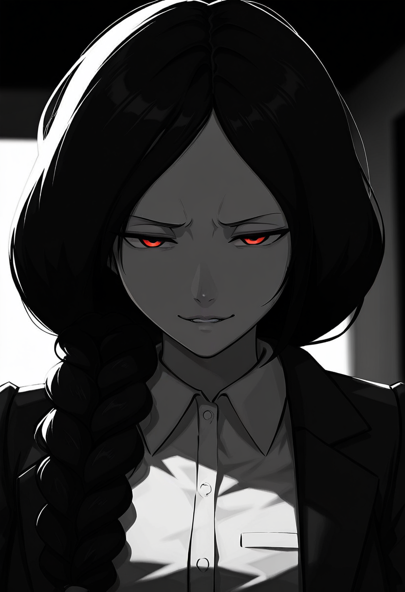 masterpiece, high quality, best quality, dramatic lighting, t4b00, 1girl, solo, monochrome, greyscale, black hair, long hair, braid, hair over shoulder, open jacket, white collared shirt, portrait, red eyes, looking at viewer, smug, parted lips, dark, (head down:1.3), stare,