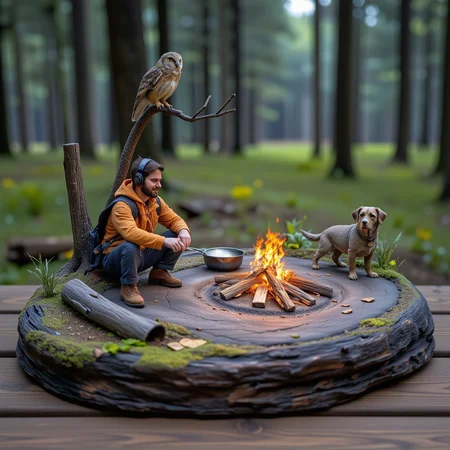 A miniature diorama of a traveler cooking over a campfire in the woods at night. His dog sits beside him and his new friend, an owl, sits on a nearby tree branch. A magical night. <lora:Flux.1_Turbo_Detailer:0.7>, <lora:Diorama_Flux:1>