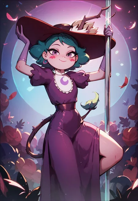 score_9, score_8_up, score_8, Eclipsa Butterfly, green hair, short hair, purple eyes, dark red sun hat with feathers and branch, white cravat, purple dress, light purple gloves, closed mouth, sly smile, vivid colors, red spade blush stickers, cowboy shot, looking at viewer, stripper, stripper pole, pole dancing