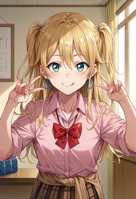 score_9, score_8_up, source_anime, 1girl, solo, YuzuAihara, long hair, two side up, earrings, red bowtie, collared shirt, pink shirt, brown skirt, plaid skirt, clothes around waist, tongue out, :p, smile, v, indoors, <lora:ChamYuzuAiharaPonyXL:1>