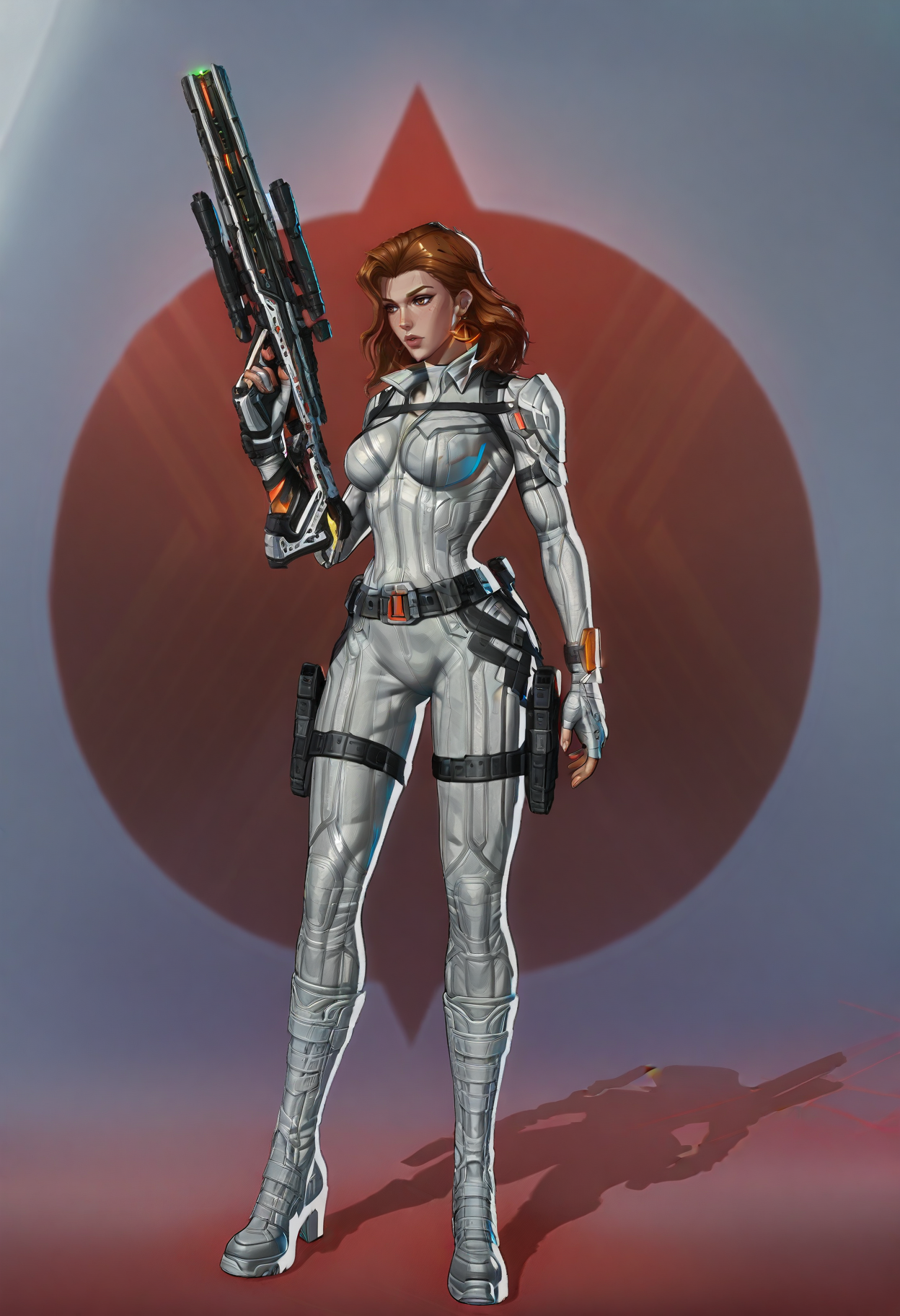 <lora:MarvelRivals:1> r1vals,
1girl, weapon, solo, gun, bodysuit, brown hair, fingerless gloves, boots, gloves, breasts, belt, science fiction, holding, full body, rifle, standing, lips, energy gun, holding weapon
