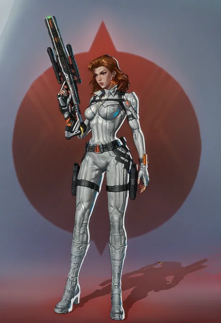<lora:MarvelRivals:1> r1vals,
1girl, weapon, solo, gun, bodysuit, brown hair, fingerless gloves, boots, gloves, breasts, belt, science fiction, holding, full body, rifle, standing, lips, energy gun, holding weapon