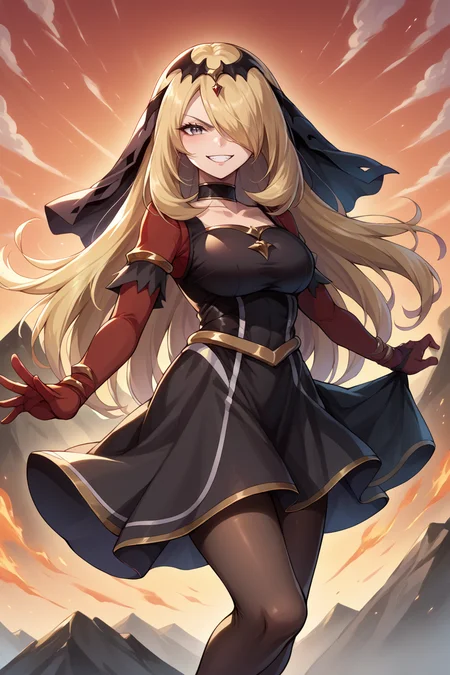 score_9, score_8_up, score_7_up, score_6_up, source_anime BREAK 1girl <lora:pkmncynthia-pdxl-nvwls-v1-000006:1> renCyn, hair over one eye, tiara, veil, choker, black dress, red sleeves, pantyhose, (big breasts:0.6), red sky, volcano, looking at you, evil grin
