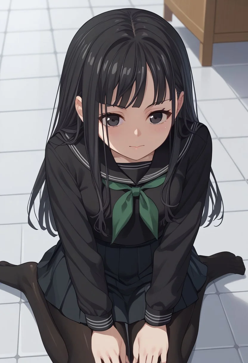 score_9, score_8_up, score_7_up, source_anime, 1girl, solo, byakuya rinne, black eyes, black serafuku, green neckerchief, black skirt, black pantyhose, tile floor