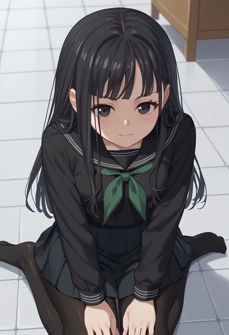 score_9, score_8_up, score_7_up, source_anime, 1girl, solo, byakuya rinne, black eyes, black serafuku, green neckerchief, black skirt, black pantyhose, tile floor