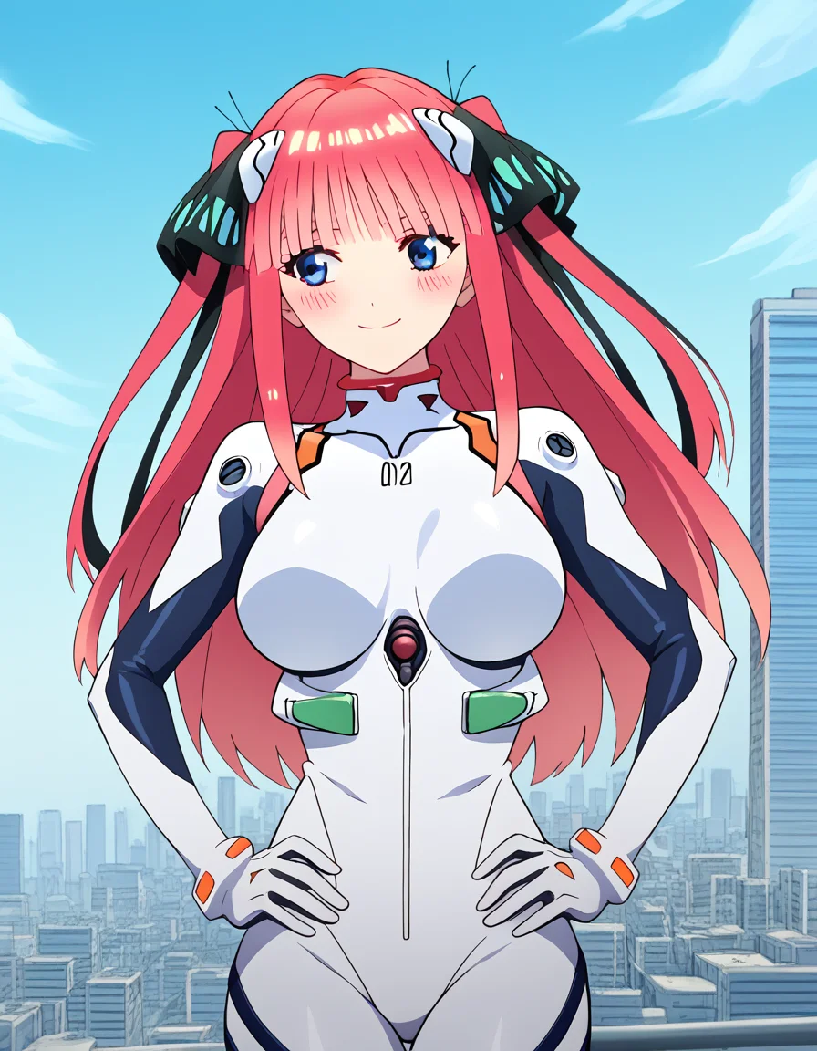 score_9, score_8_up, score_7_up, source_anime, <lora:nnakano-s2-ponyxl-lora-nochekaiser:1>, long hair, bangs, blue eyes, hair ornament, hair ribbon, pink hair, blunt bangs, two side up, butterfly hair ornament, mature female, large breasts,, <lora:rei-ayanami-cosplay-ponyxl-lora-nochekaiser:1>, reiayanamicosplay, ayanami rei \(cosplay\), bodysuit, headgear, plugsuit, white bodysuit,, outdoors, cityscape, smile, blush, hands on hips,, cowboy shot, dutch angle, solo,